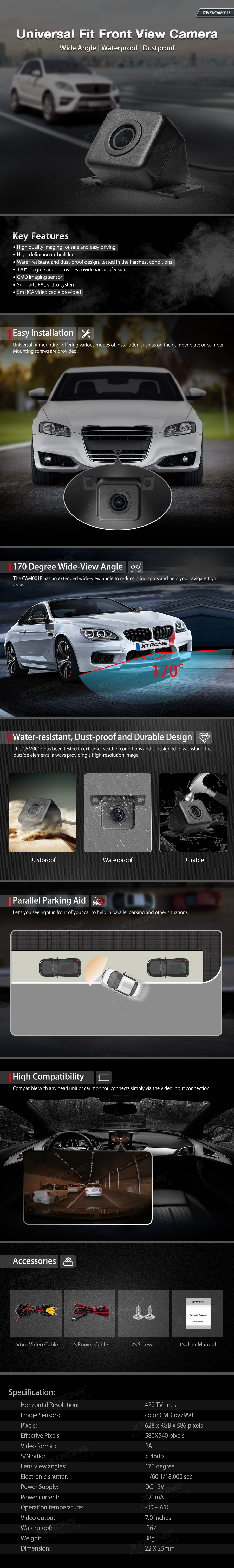 Universal 170 Degree Front View Camera | ICE/SS/CAM001F: XTRONS specification poster 1 of 1