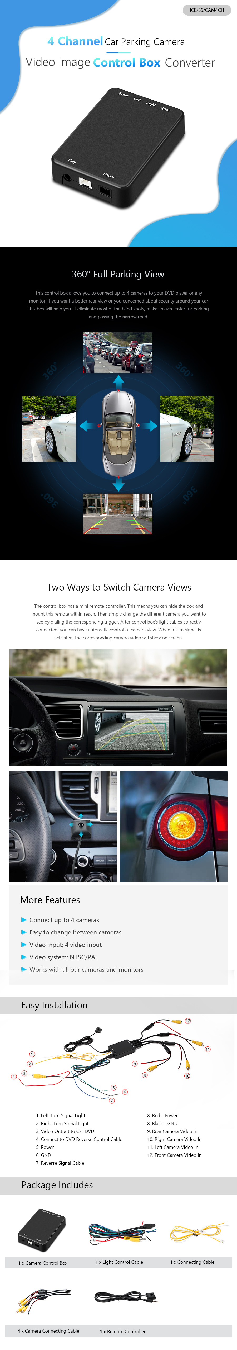 Universal 4 Channel Parking Camera Control Box with Remote | ICE/SS/CAM4CH: XTRONS specification poster 1 of 1