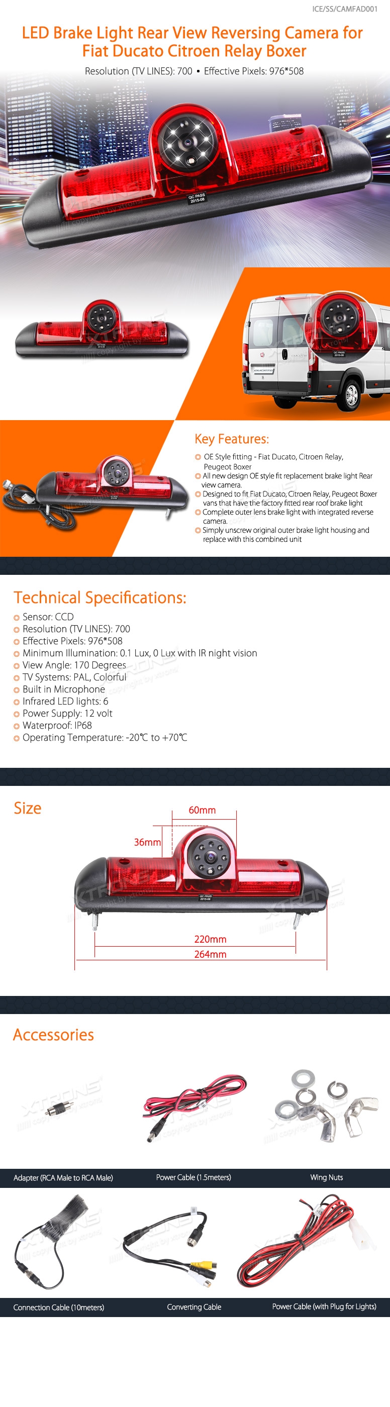 Fiat Ducato, Citroen Relay and Peugeot Boxer Brake Light Reversing Camera | ICE/SS/CAMFAD001: XTRONS specification poster 1 of 1