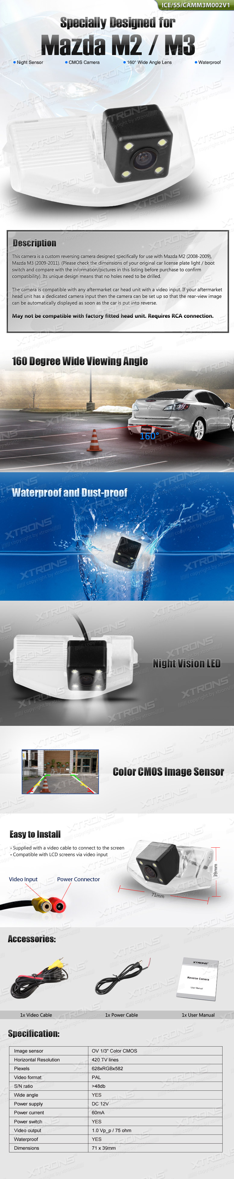 Mazda M2 and M3 Number Plate Light Reversing Camera with 160° View | ICE/SS/CAMM3M002V1: XTRONS specification poster 1 of 1