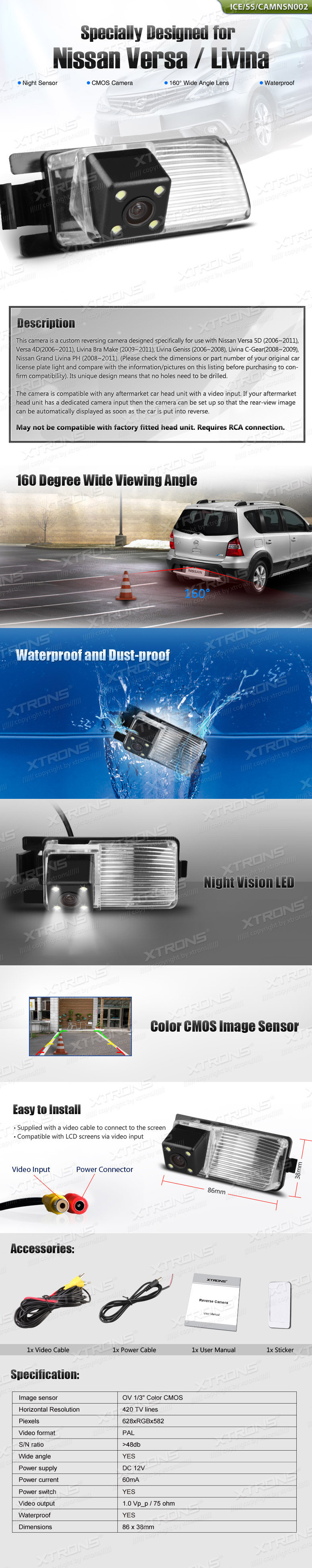Nissan Versa and Livina Number Plate Light Reversing Camera | ICE/SS/CAMNSN002: XTRONS specification poster 1 of 1