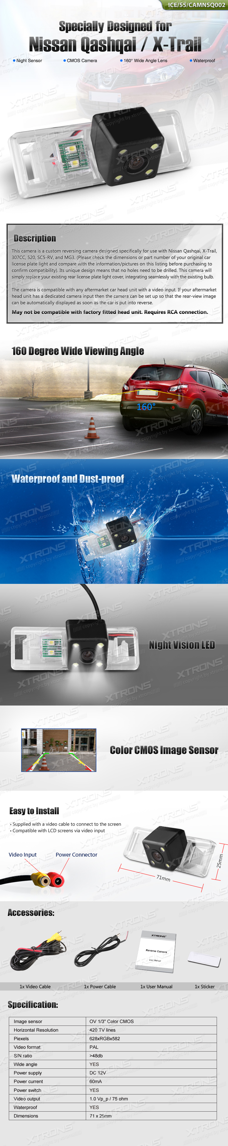 Nissan Qashqai and X-Trail Number Plate Light Reversing Camera with 160° View | ICE/SS/CAMNSQ002: XTRONS specification poster 1 of 1