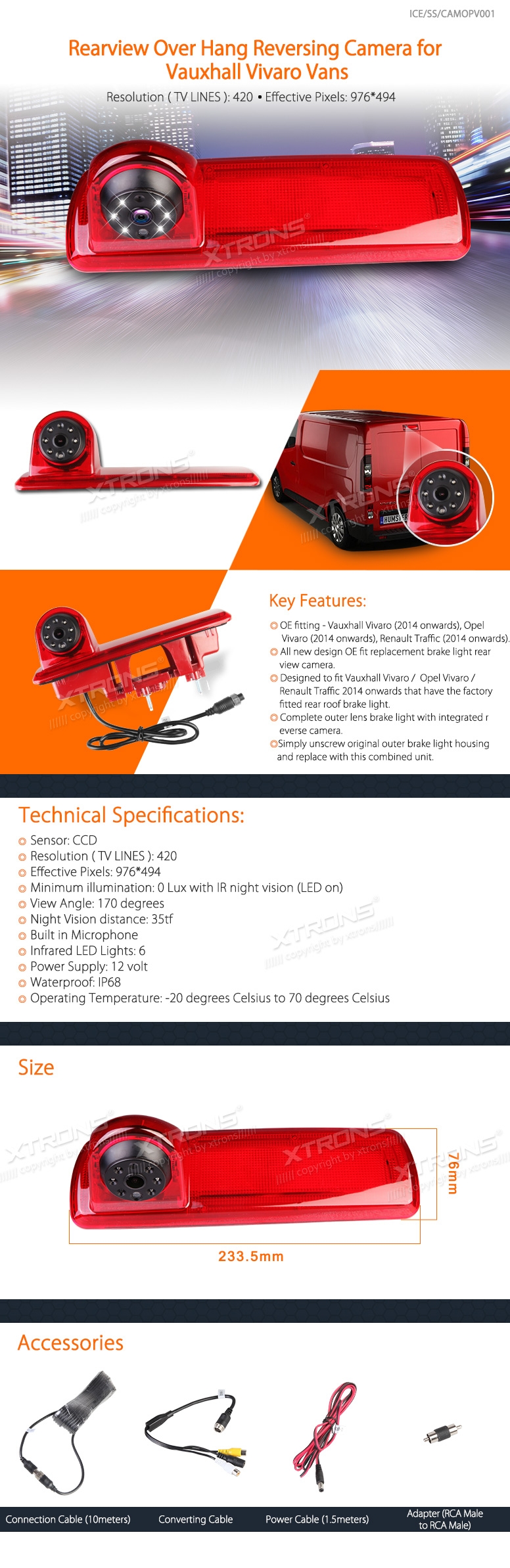 Vauxhall Vivaro, Opel Vivaro and Renault Trafic Brake Light Reversing Camera with IR Night Vision | ICE/SS/CAMOPV001: XTRONS specification poster 1 of 1