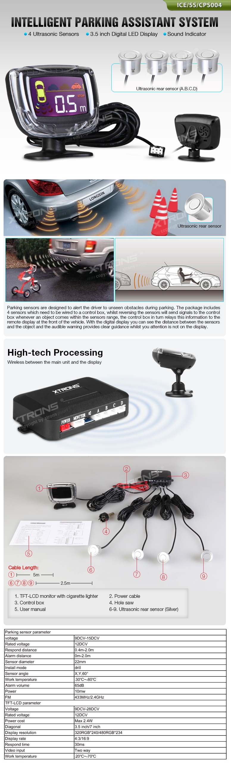 Rear Parking Sensor Kit with 4 Ultrasonic Sensors and 3.5 inch Wireless Display | ICE/SS/CPS004: XTRONS specification poster 1 of 1