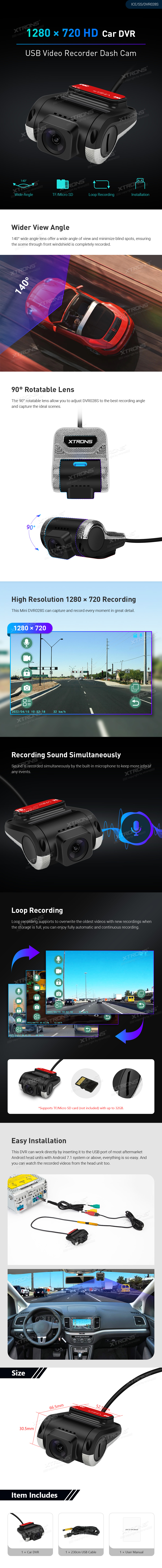 Universal 1280×720 USB Mini Dash Cam with Micro TF Recording | ICE/SS/DVR028S: XTRONS specification poster 1 of 1