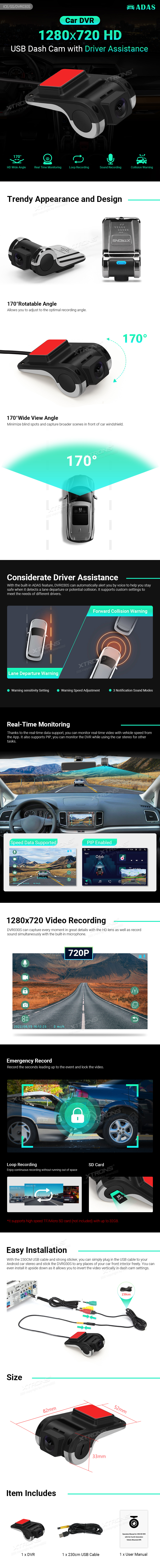Universal 1280×720 HD Mini USB Dash Cam with ADAS | ICE/SS/DVR030S: XTRONS specification poster 1 of 1