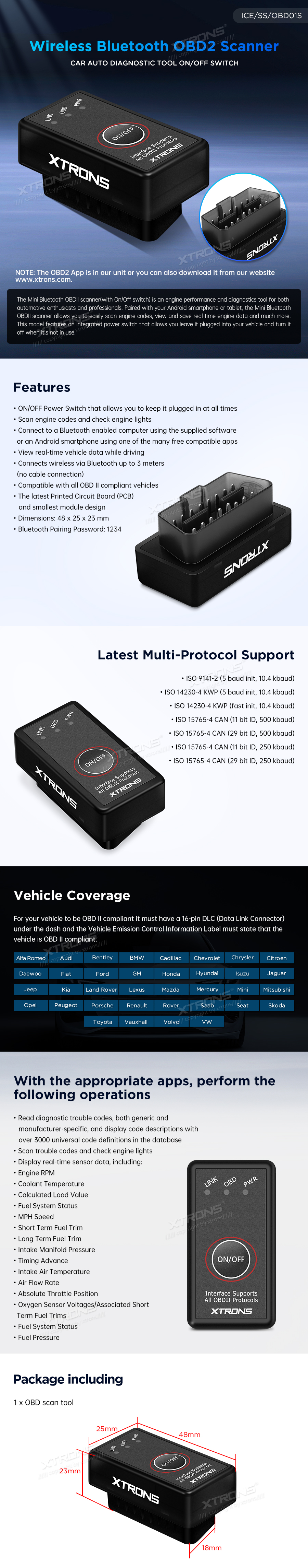Universal Bluetooth OBD2 Diagnostic Scanner with On/Off Switch | ICE/SS/OBD01S: XTRONS specification poster 1 of 1