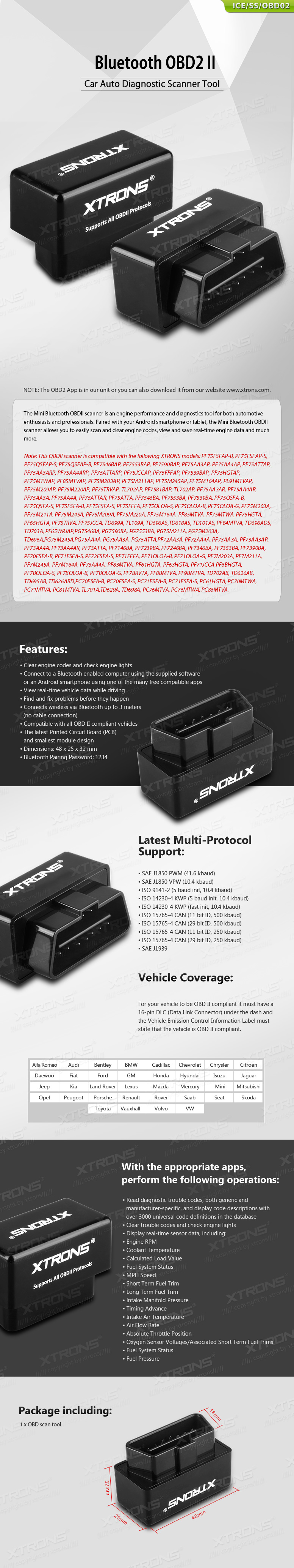 Mini Bluetooth OBD2 Diagnostic Scanner for Android and XTRONS Head Units | ICE/SS/OBD02: XTRONS specification poster 1 of 1