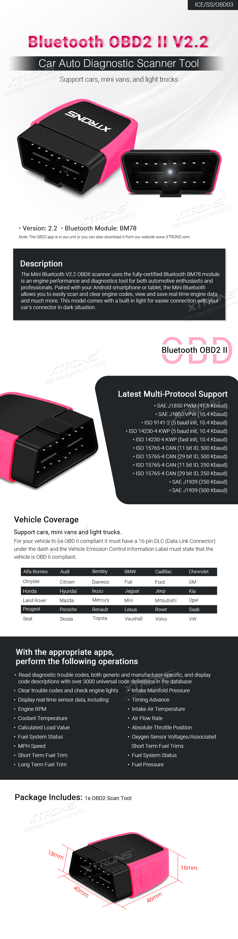 Universal Bluetooth OBD2 Diagnostic Scanner Tool | ICE/SS/OBD03: XTRONS specification poster 1 of 1