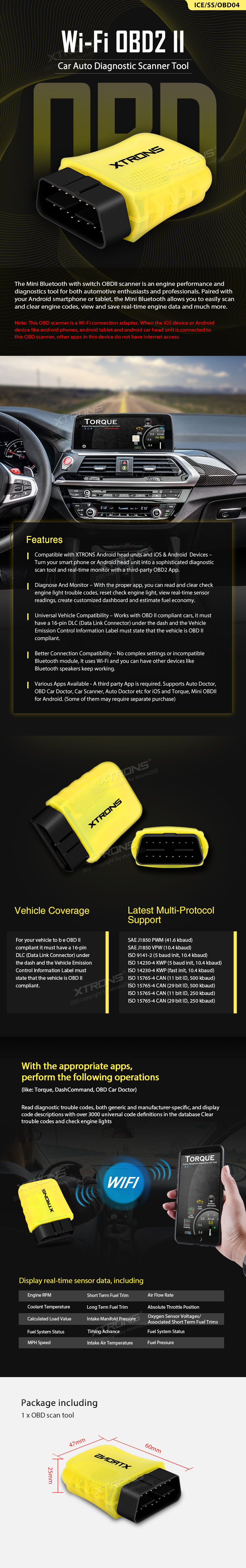 Universal Wi-Fi OBD2 Diagnostic Scanner for Android Head Units and Phones | ICE/SS/OBD04: XTRONS specification poster 1 of 1