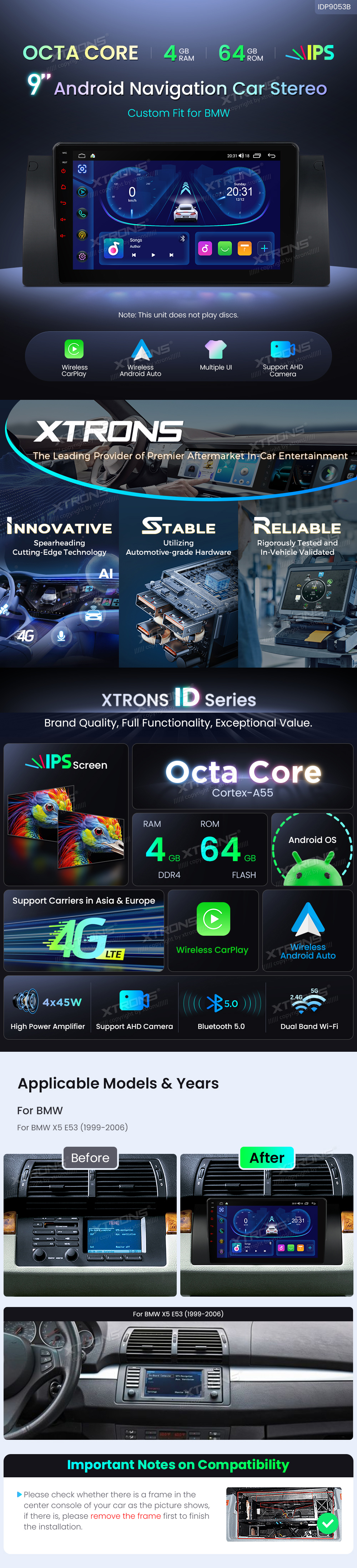 BMW X5 E53 9″ Android Head Unit with Wireless CarPlay, Android Auto and 4G | IDP9053B: XTRONS specification poster 1 of 6
