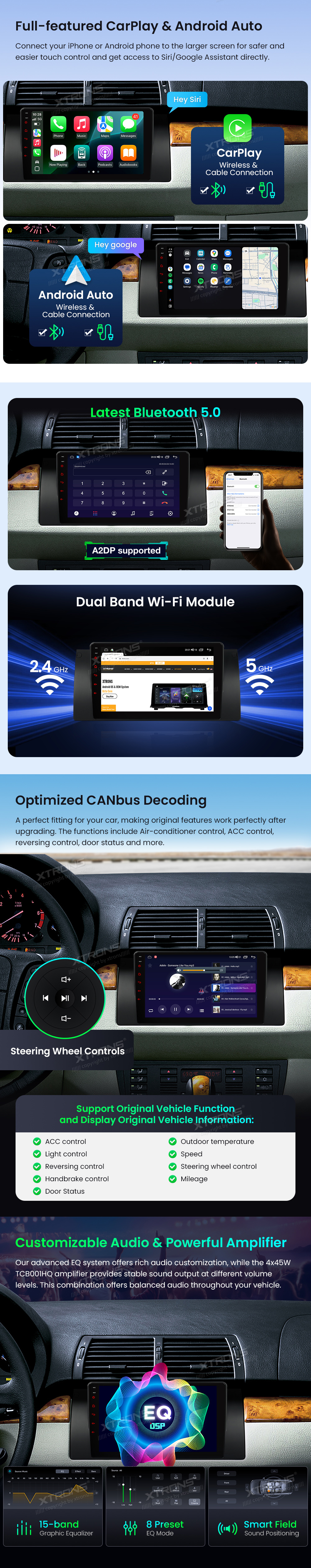 BMW X5 E53 9″ Android Head Unit with Wireless CarPlay, Android Auto and 4G | IDP9053B: XTRONS specification poster 3 of 6