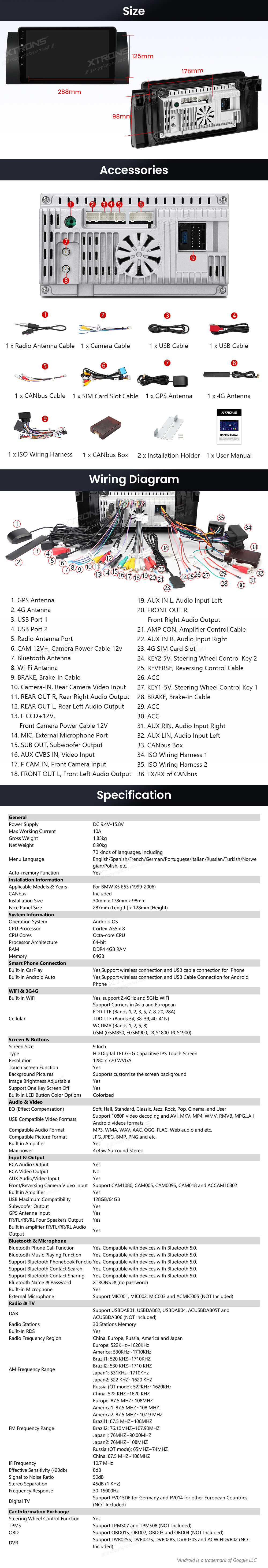 BMW X5 E53 9″ Android Head Unit with Wireless CarPlay, Android Auto and 4G | IDP9053B: XTRONS specification poster 6 of 6