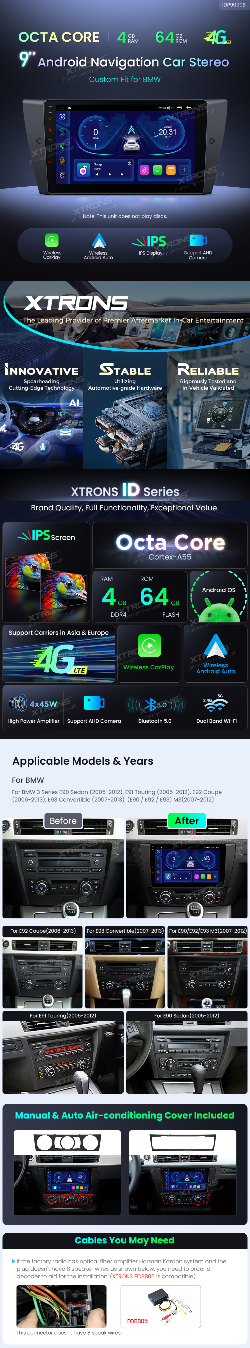 BMW 3 Series E90/E91/E92/E93 9 inch Android Head Unit with Wireless CarPlay, Android Auto and 4G | IDP9090B: XTRONS specification poster 1 of 6