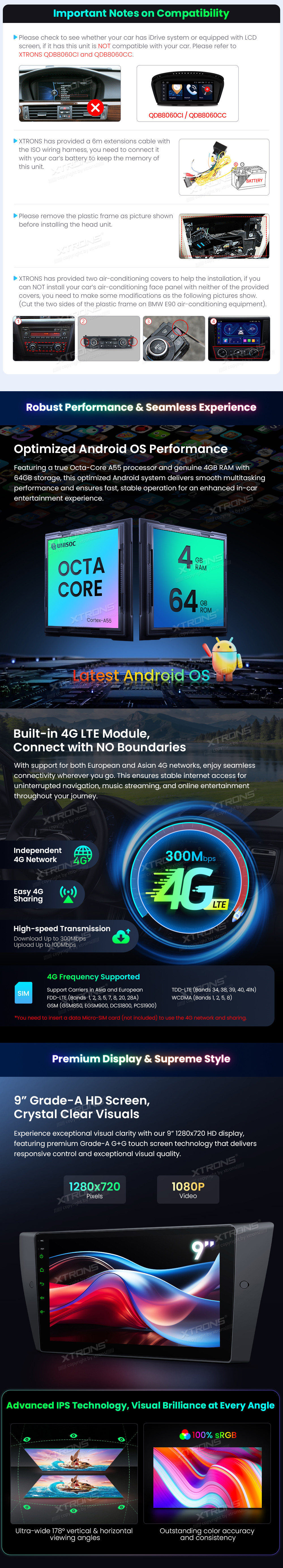 BMW 3 Series E90/E91/E92/E93 9 inch Android Head Unit with Wireless CarPlay, Android Auto and 4G | IDP9090B: XTRONS specification poster 2 of 6