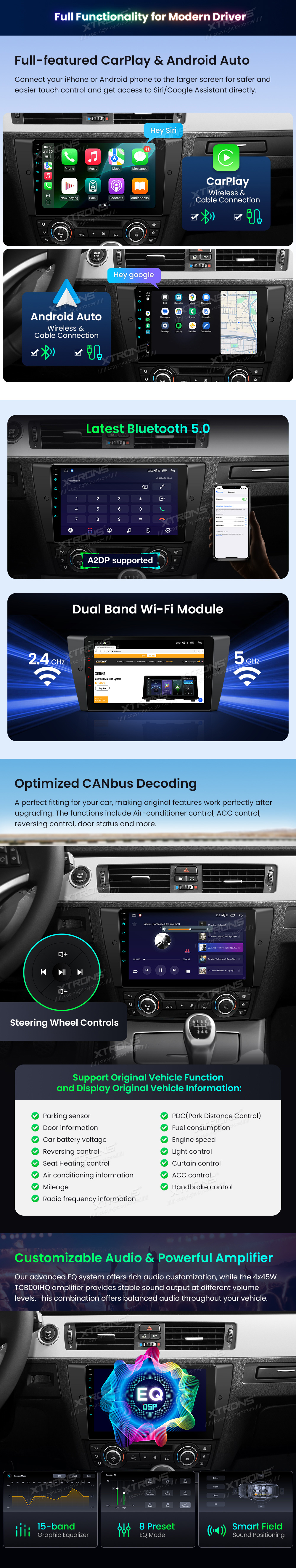 BMW 3 Series E90/E91/E92/E93 9 inch Android Head Unit with Wireless CarPlay, Android Auto and 4G | IDP9090B: XTRONS specification poster 3 of 6