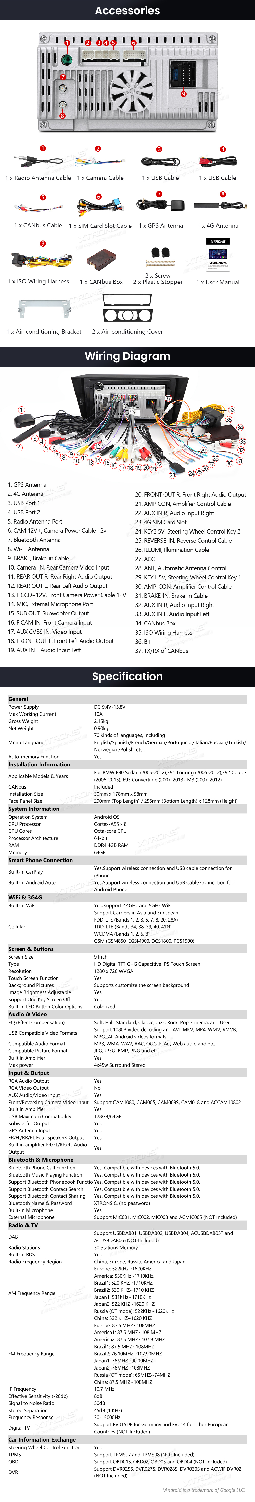 BMW 3 Series E90/E91/E92/E93 9 inch Android Head Unit with Wireless CarPlay, Android Auto and 4G | IDP9090B: XTRONS specification poster 6 of 6