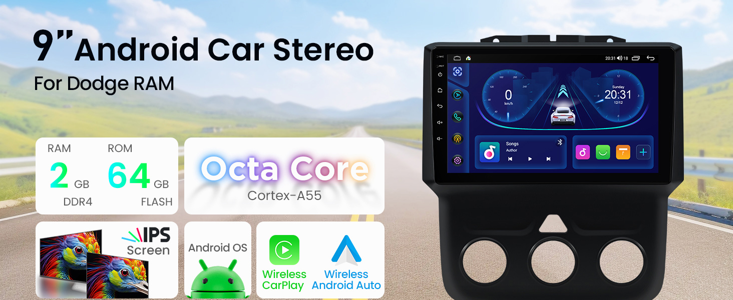 Dodge RAM 1500, 2500 and 3500 9 Inch Android Head Unit with Wireless CarPlay and Android Auto | IDSP90RMD: XTRONS specification poster 1 of 20