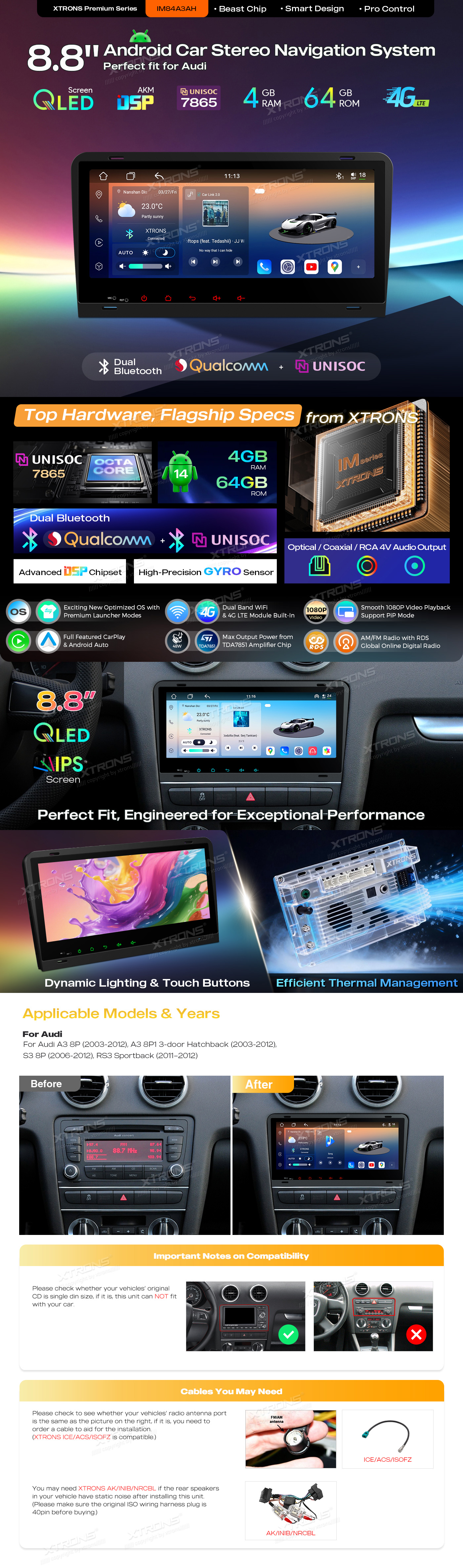 Audi 8.8 inch Android Head Unit with Wireless CarPlay, Android Auto and AKM DSP | IM84A3AH: XTRONS specification poster 1 of 5