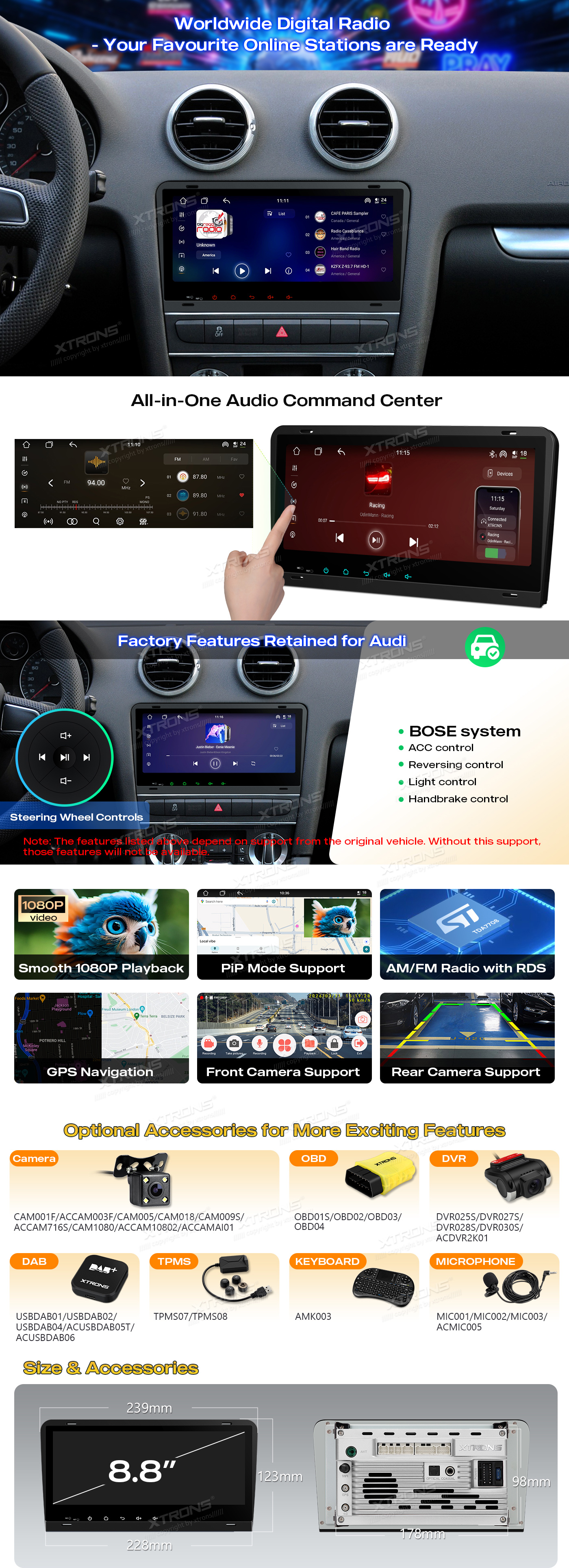 Audi 8.8 inch Android Head Unit with Wireless CarPlay, Android Auto and AKM DSP | IM84A3AH: XTRONS specification poster 4 of 5