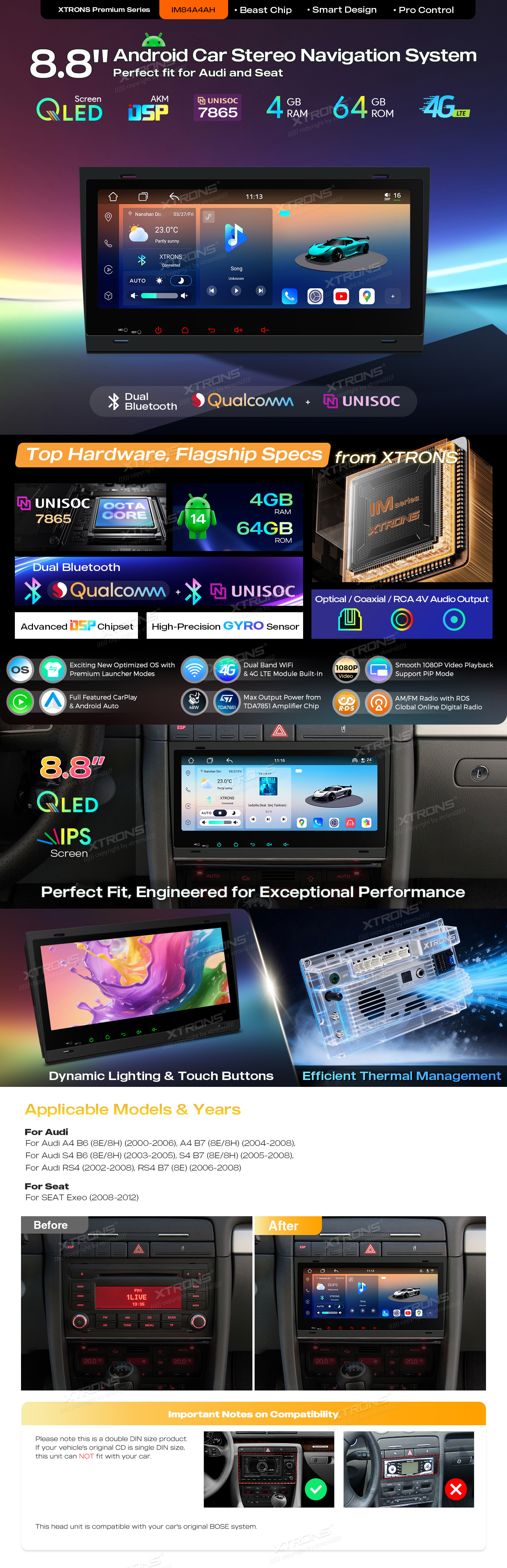 Audi A4 B6 B7 and SEAT Exeo 8.8 inch Android 14 Head Unit with Wireless CarPlay, Android Auto and 4G | IM84A4AH: XTRONS specification poster 1 of 5