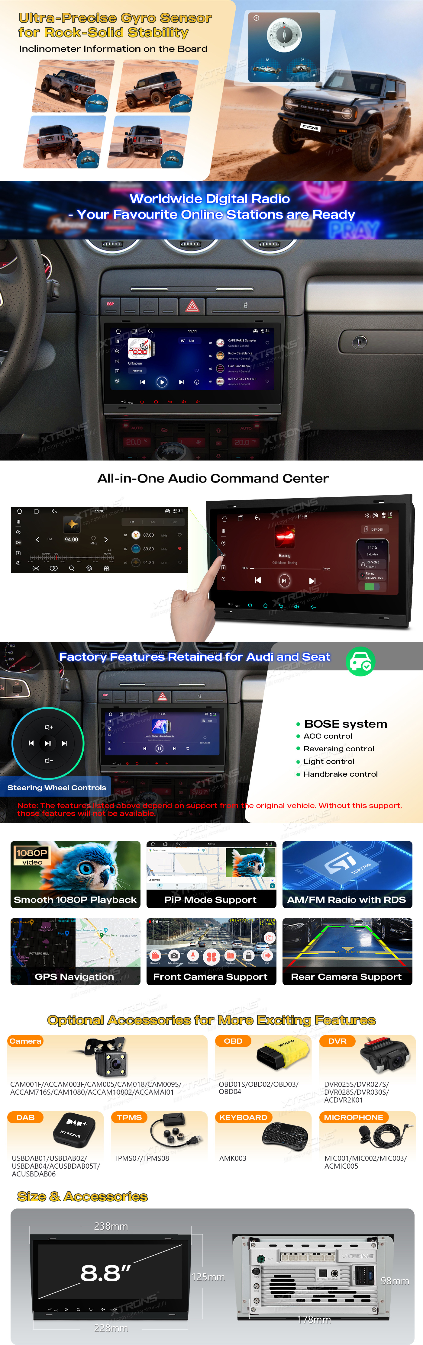 Audi A4 B6 B7 and SEAT Exeo 8.8 inch Android 14 Head Unit with Wireless CarPlay, Android Auto and 4G | IM84A4AH: XTRONS specification poster 4 of 5