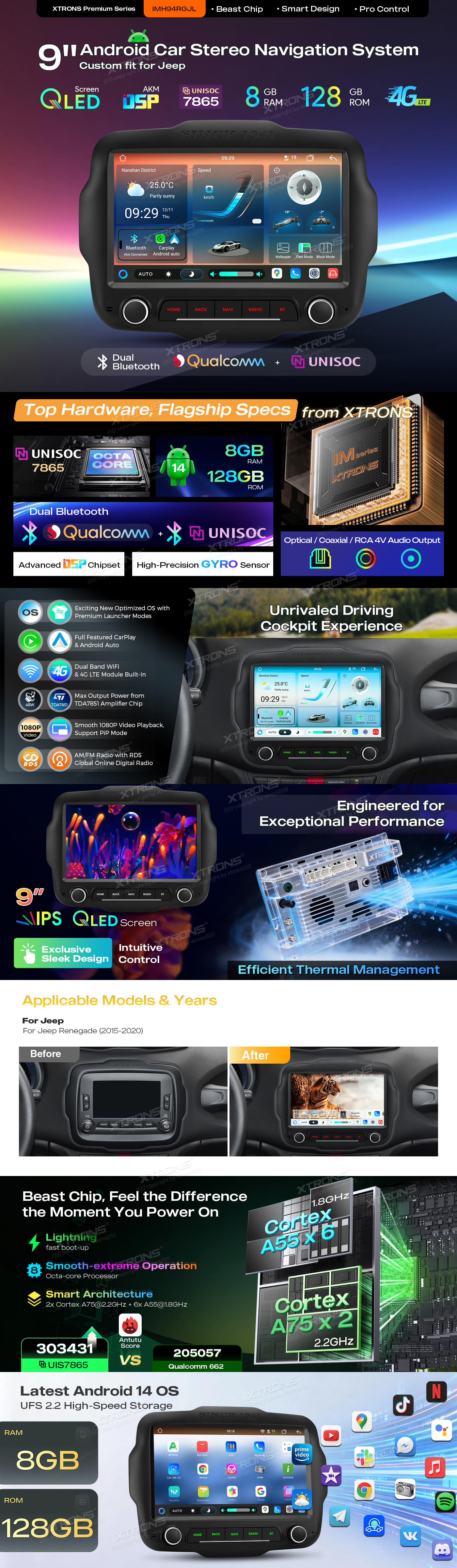 Jeep Renegade 9″ Android Head Unit with Wireless CarPlay, Android Auto and 4G | IMH94RGJL: XTRONS specification poster 1 of 4