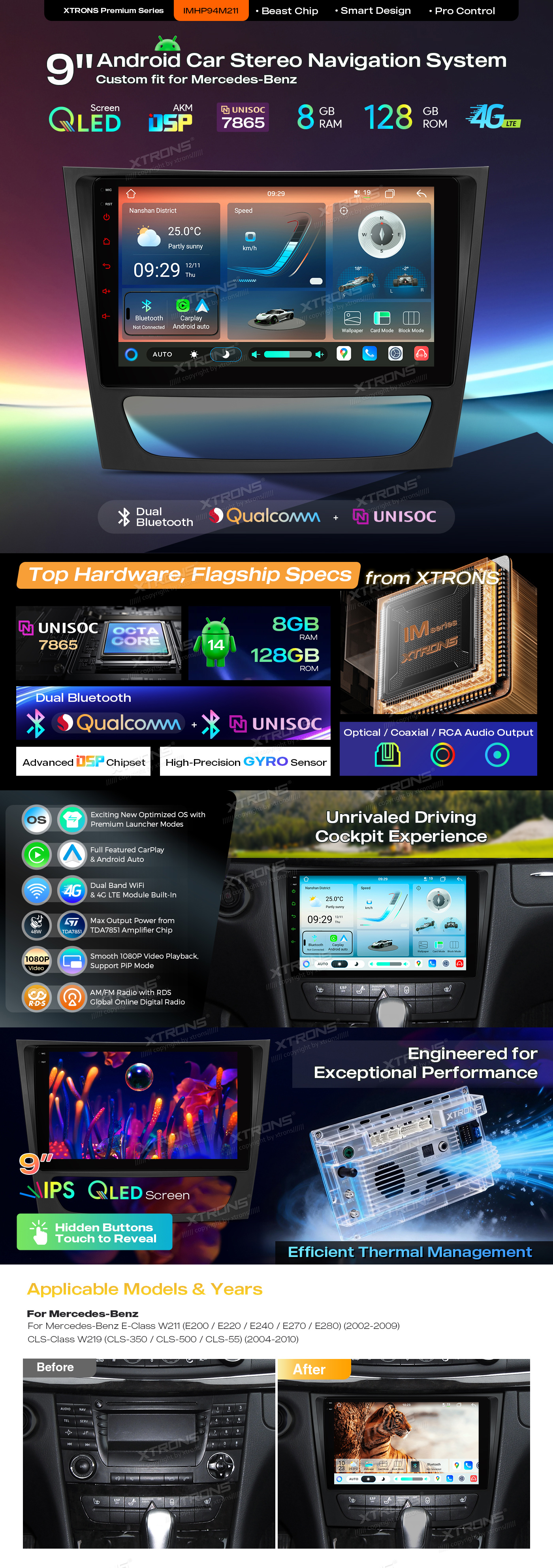Mercedes-Benz E-Class W211 and CLS W219 9″ Android Head Unit with Wireless CarPlay and 4G | IMHP94M211: XTRONS specification poster 1 of 5