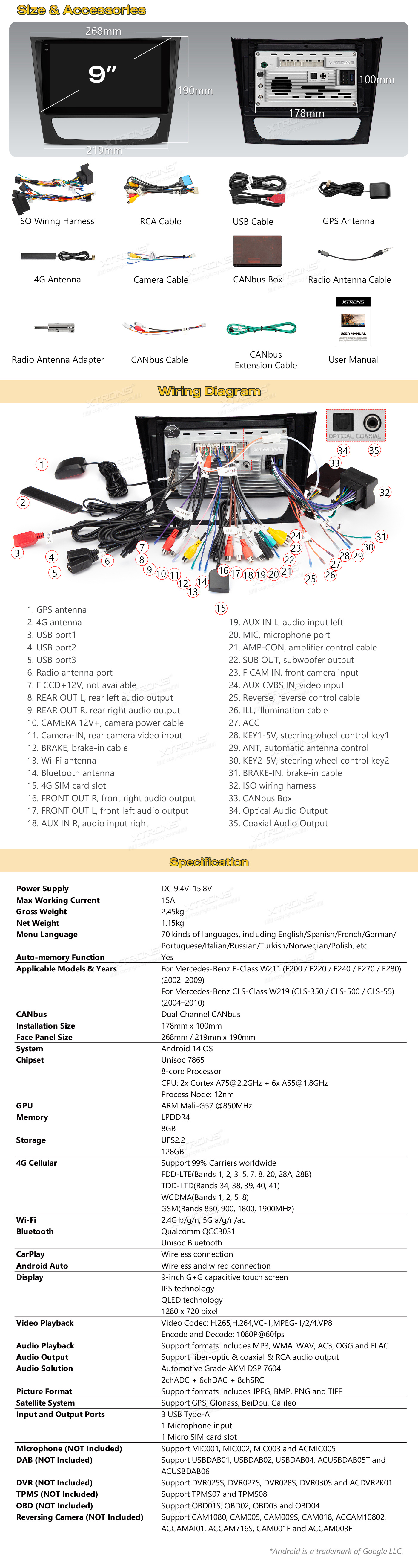 Mercedes-Benz E-Class W211 and CLS W219 9″ Android Head Unit with Wireless CarPlay and 4G | IMHP94M211: XTRONS specification poster 5 of 5
