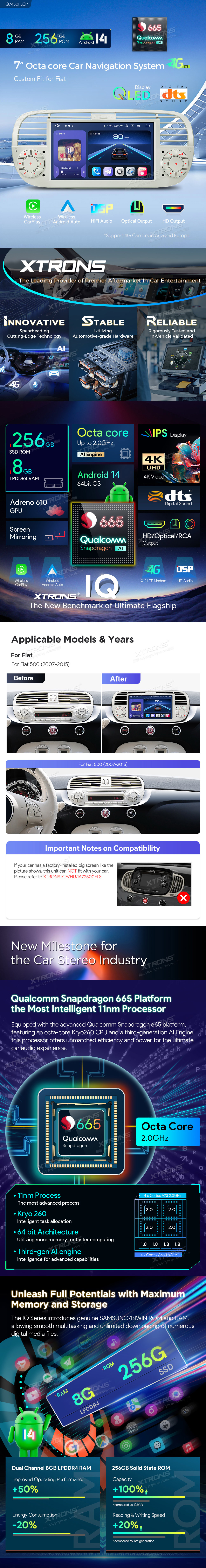 Fiat 500 7 inch Android Head Unit with Wireless CarPlay, Android Auto and 4G | IQ7450FLCP: XTRONS specification poster 1 of 6