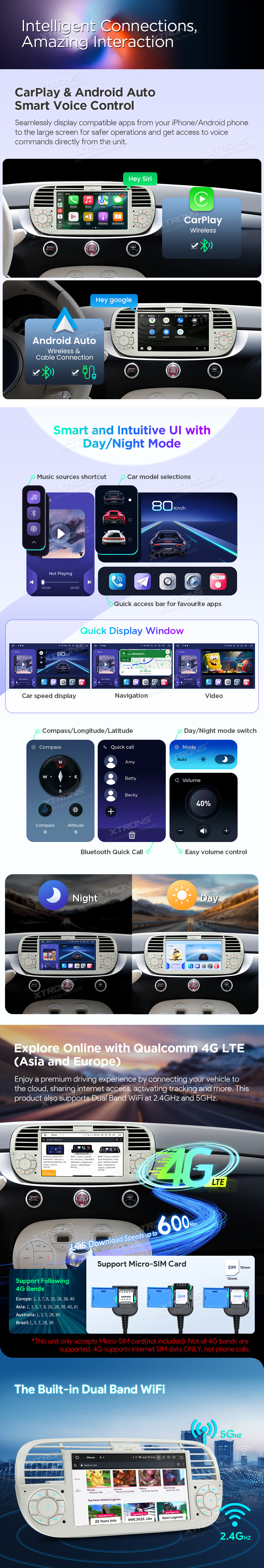 Fiat 500 7 inch Android Head Unit with Wireless CarPlay, Android Auto and 4G | IQ7450FLCP: XTRONS specification poster 3 of 6