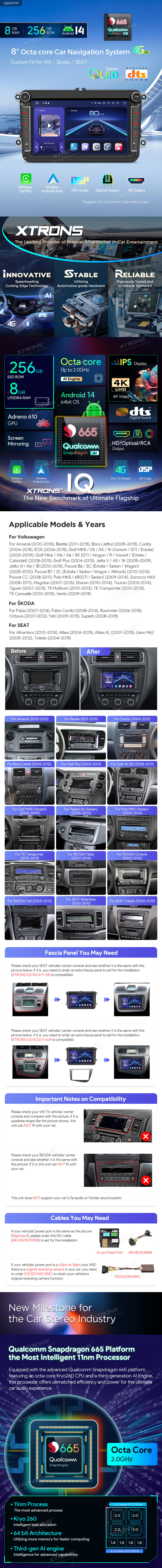 VW, Skoda and Seat 8 inch Android Car Stereo with Wireless CarPlay, 4G and HDMI Output | IQ84MTVP: XTRONS specification poster 1 of 6