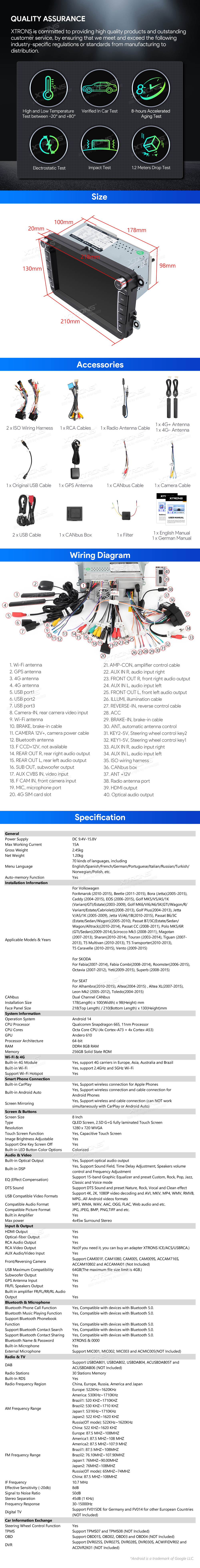 VW, Skoda and Seat 8 inch Android Car Stereo with Wireless CarPlay, 4G and HDMI Output | IQ84MTVP: XTRONS specification poster 6 of 6