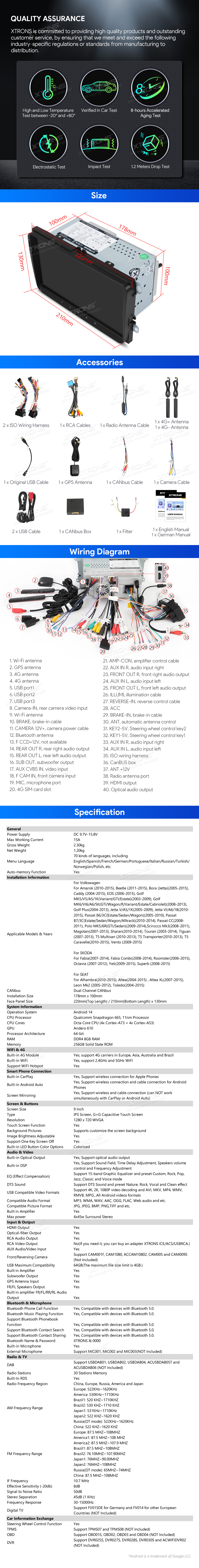 VW, Skoda and Seat 9 inch Android Head Unit with Wireless CarPlay, 4G and HDMI Output | IQ94MTVP: XTRONS specification poster 6 of 6