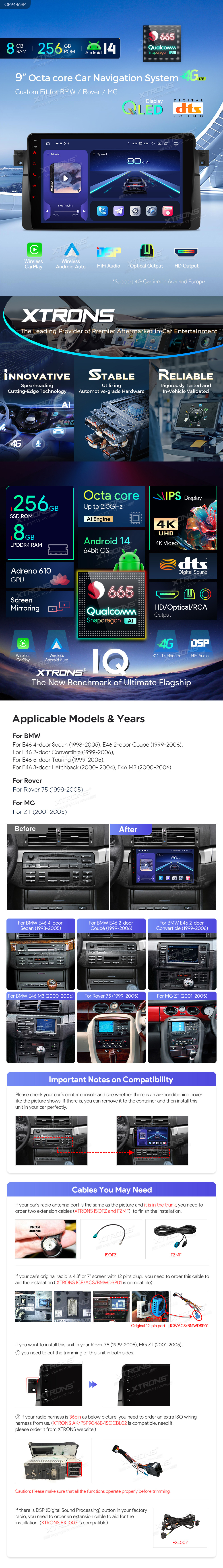 BMW E46, Rover 75 and MG ZT 9 inch Android Head Unit with Wireless CarPlay, 4G and HDMI Output | IQP9446BP: XTRONS specification poster 1 of 7