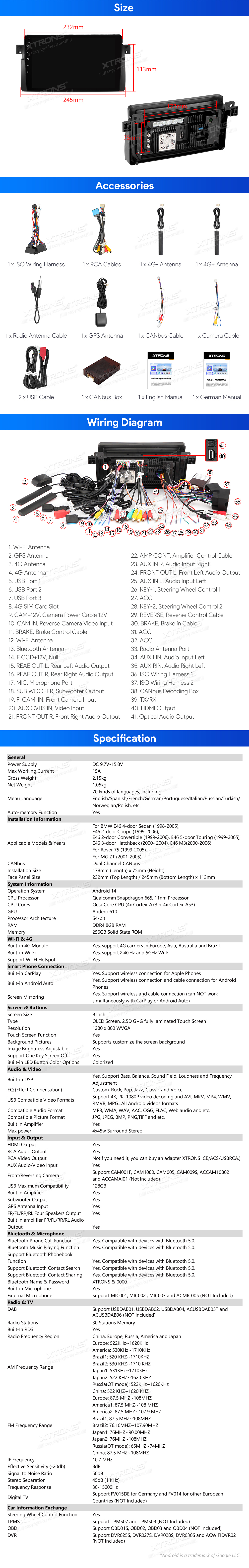 BMW E46, Rover 75 and MG ZT 9 inch Android Head Unit with Wireless CarPlay, 4G and HDMI Output | IQP9446BP: XTRONS specification poster 7 of 7