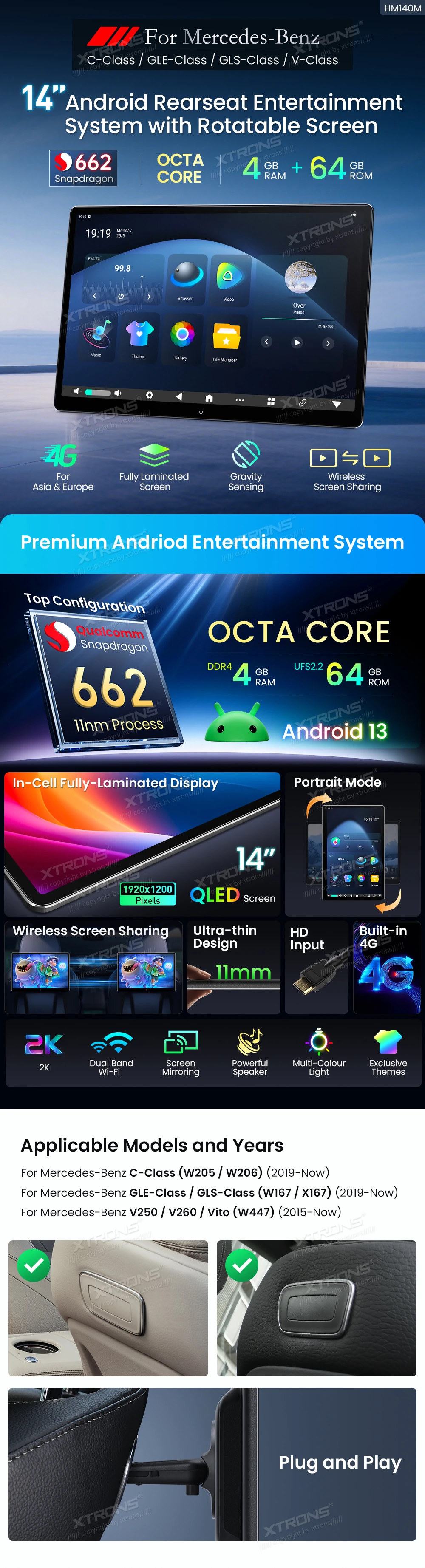 Mercedes-Benz 14 inch Android Headrest Screen with 4G, Screen Mirroring and HD Input | HM140M: XTRONS specification poster 1 of 6