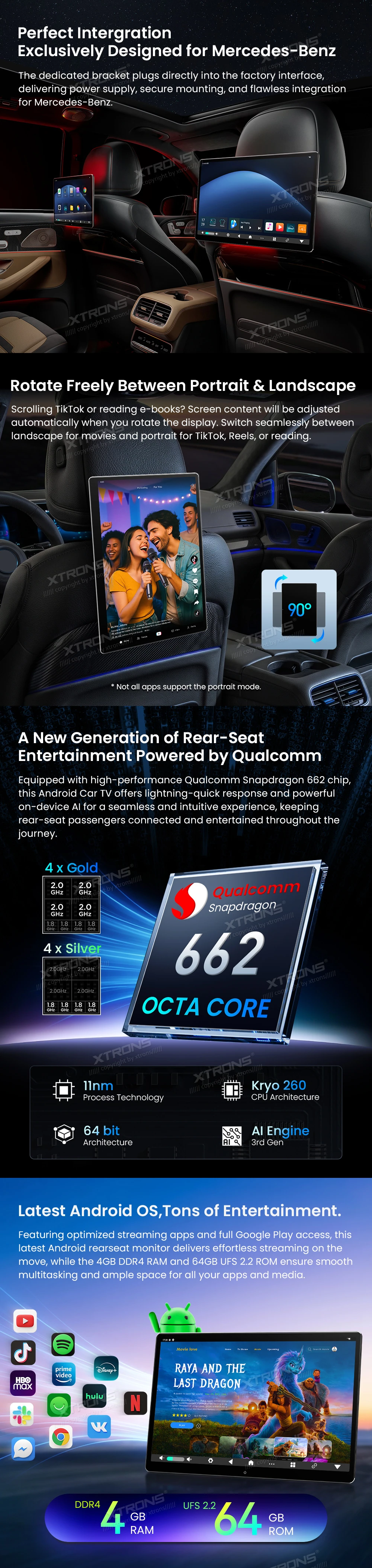 Mercedes-Benz 14 inch Android Headrest Screen with 4G, Screen Mirroring and HD Input | HM140M: XTRONS specification poster 2 of 6