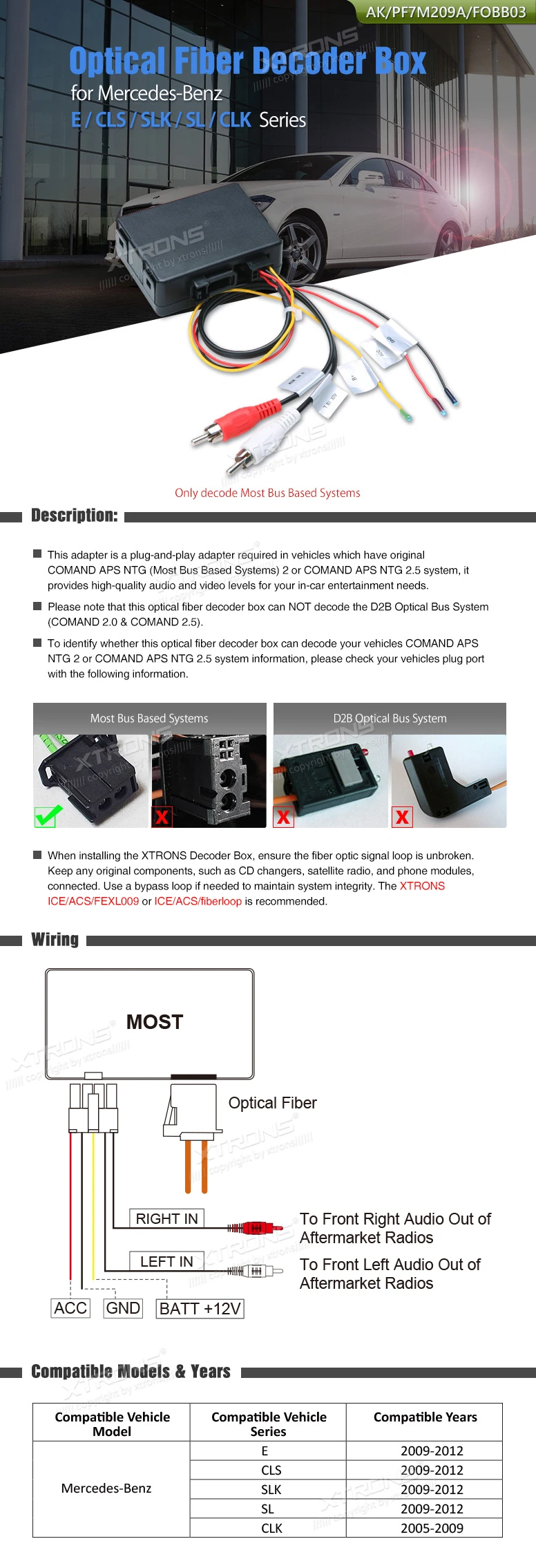 Mercedes-Benz E, CLS, SLK, SL and CLK Fibre Optic Decoder Box for COMAND APS NTG 2/2.5 | AK/PF7M209A/FOBB03: XTRONS specification poster 1 of 1