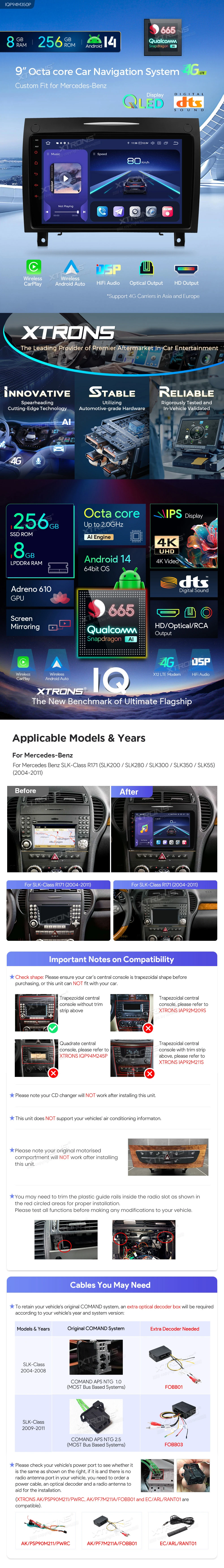 Mercedes-Benz SLK R171 9 inch Android 14 Head Unit with Wireless CarPlay, Android Auto and 4G | IQP94M350P: XTRONS specification poster 1 of 6