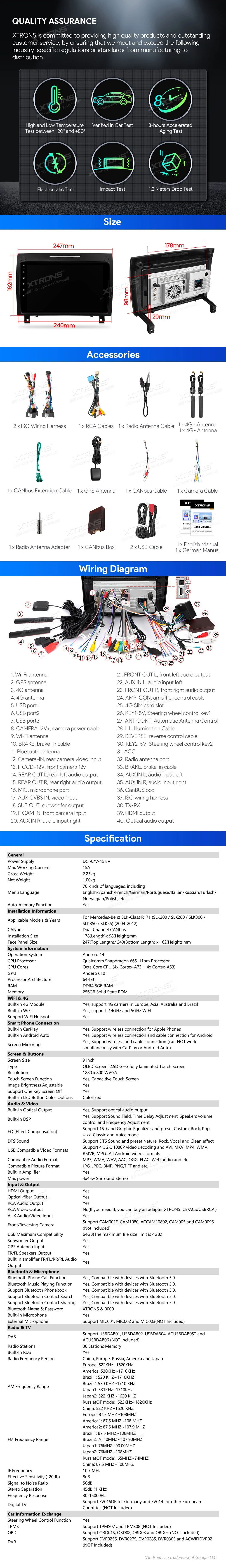 Mercedes-Benz SLK R171 9 inch Android 14 Head Unit with Wireless CarPlay, Android Auto and 4G | IQP94M350P: XTRONS specification poster 6 of 6