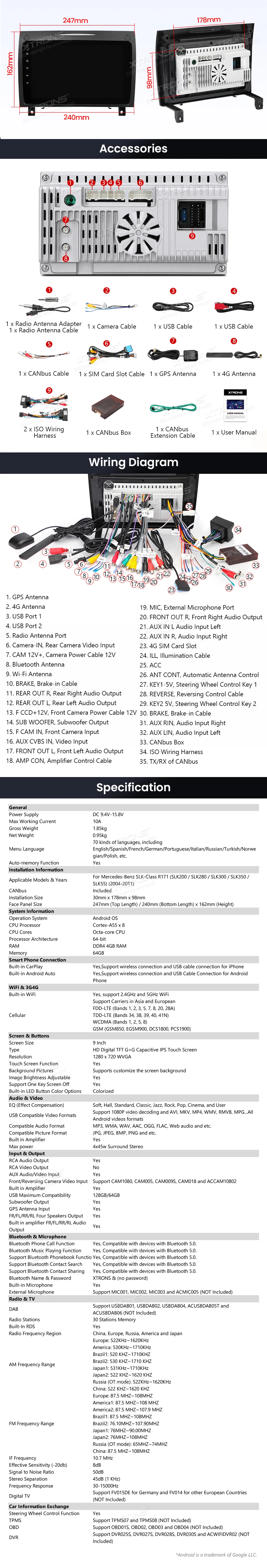 Mercedes-Benz SLK R171 9 inch Android Head Unit with Wireless CarPlay, Android Auto and 4G | IDP90M350: XTRONS specification poster 6 of 6