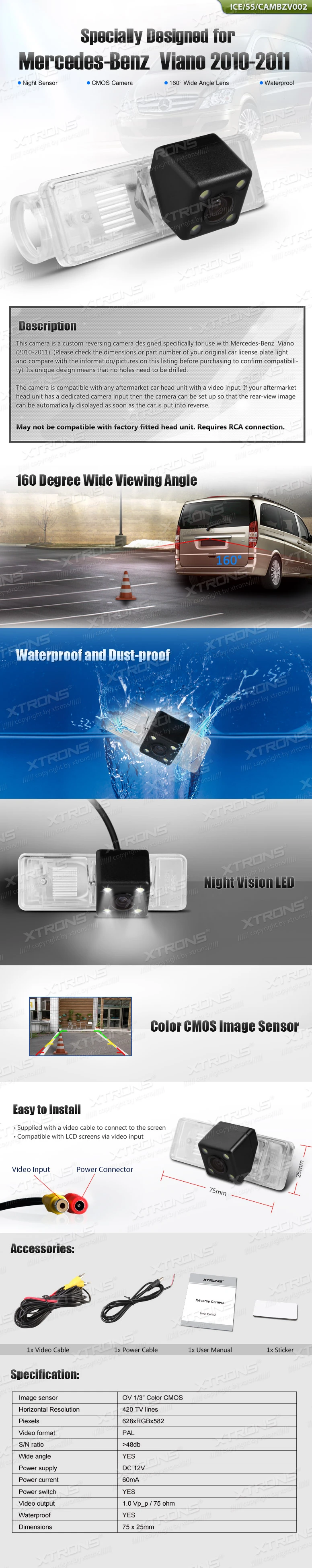 Mercedes-Benz Viano Number Plate Light Reversing Camera with 160° View | ICE/SS/CAMBZV002: XTRONS specification poster 1 of 1