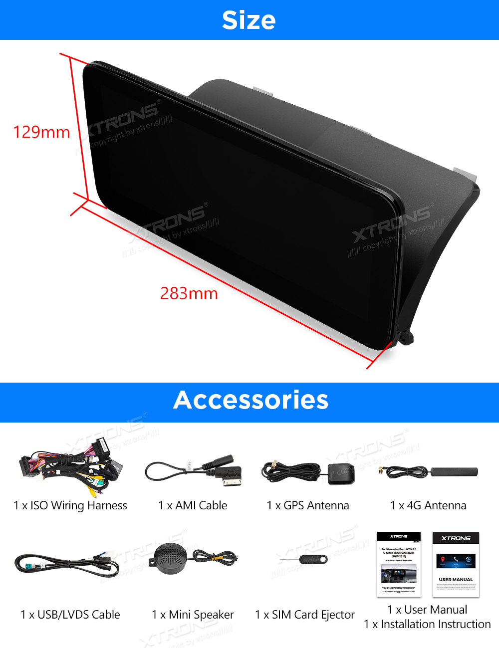 Mercedes CLS W218 C218 NTG 4.0 10.25 inch Android Screen with Wireless CarPlay, Android Auto and 4G | QAMS1440M12CLS: XTRONS specification poster 9 of 9
