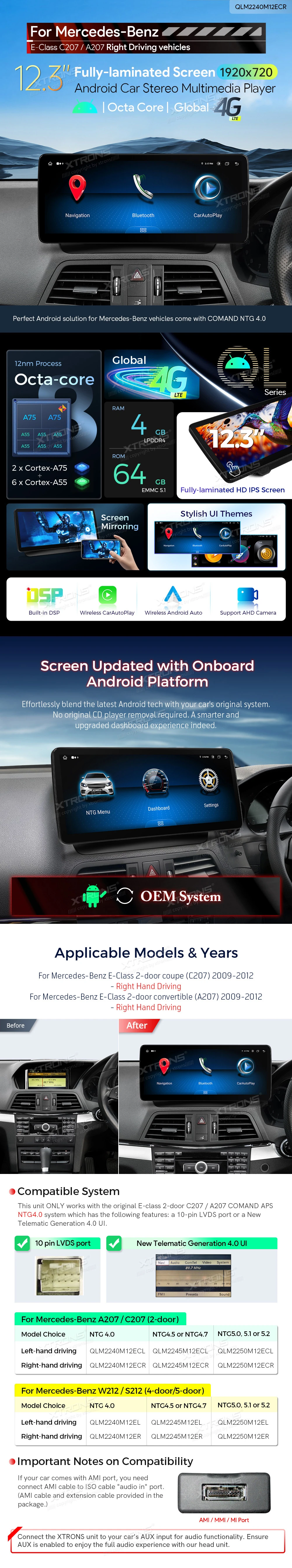 Mercedes E-Class 12.3 inch Android Screen with Wireless CarPlay, Android Auto and 4G | QLM2240M12ECR: XTRONS specification poster 1 of 6