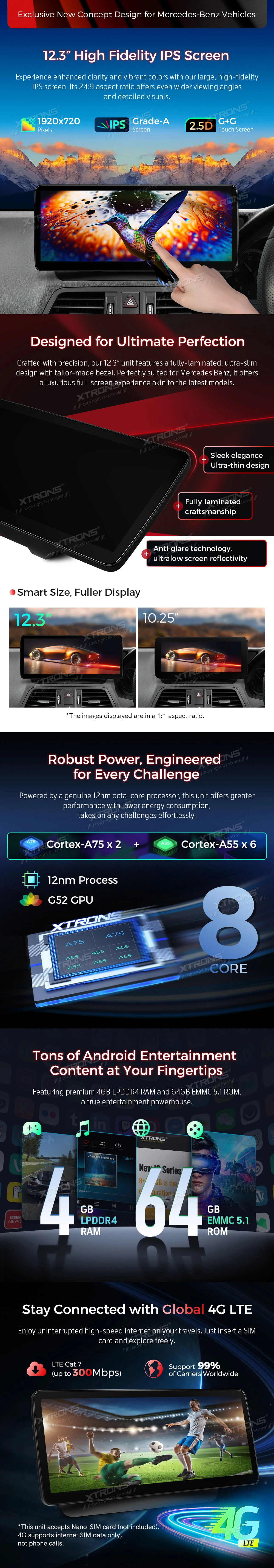 Mercedes E-Class 12.3 inch Android Screen with Wireless CarPlay, Android Auto and 4G | QLM2240M12ECR: XTRONS specification poster 2 of 6