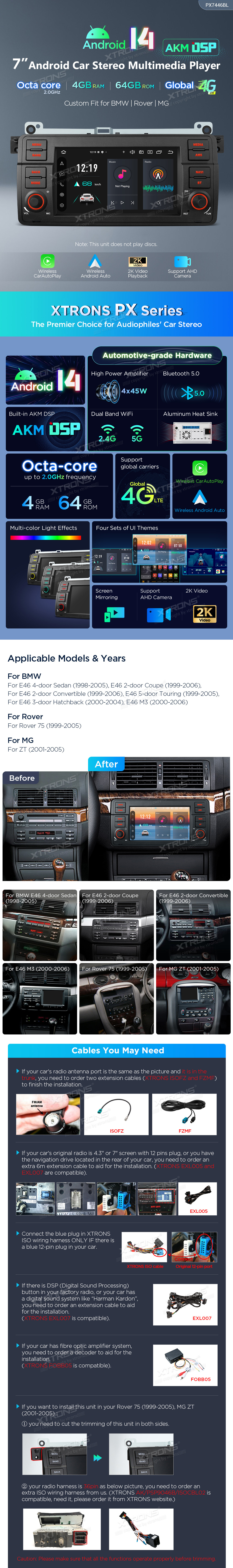 BMW E46, Rover 75 and MG ZT 7 inch Android 14 Head Unit with Wireless CarPlay, Android Auto and 4G | PX7446BL: XTRONS specification poster 1 of 6