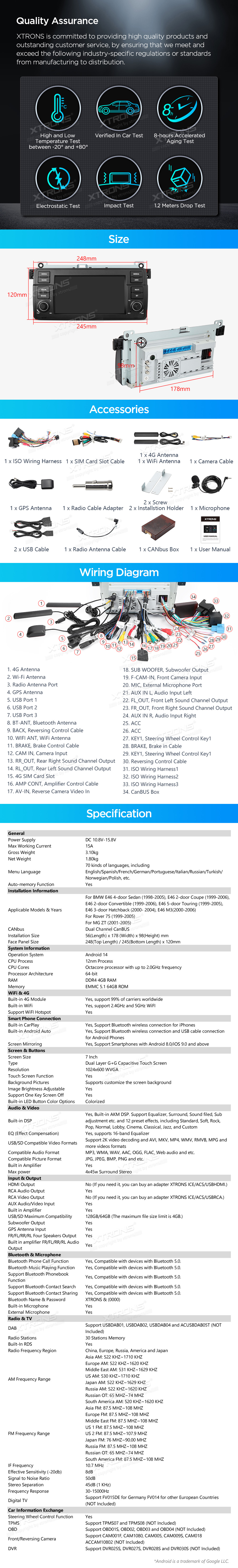 BMW E46, Rover 75 and MG ZT 7 inch Android 14 Head Unit with Wireless CarPlay, Android Auto and 4G | PX7446BL: XTRONS specification poster 6 of 6