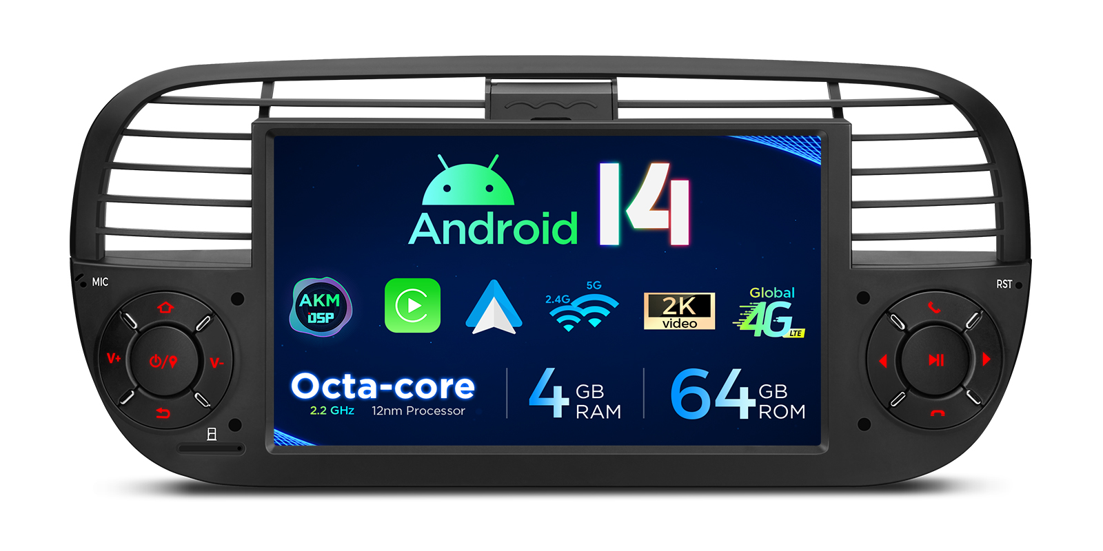 Fiat 500 7 inch Android Head Unit with Wireless CarPlay, Android Auto, 4G and AKM DSP | PX7450FBLGS, image 4 of 14