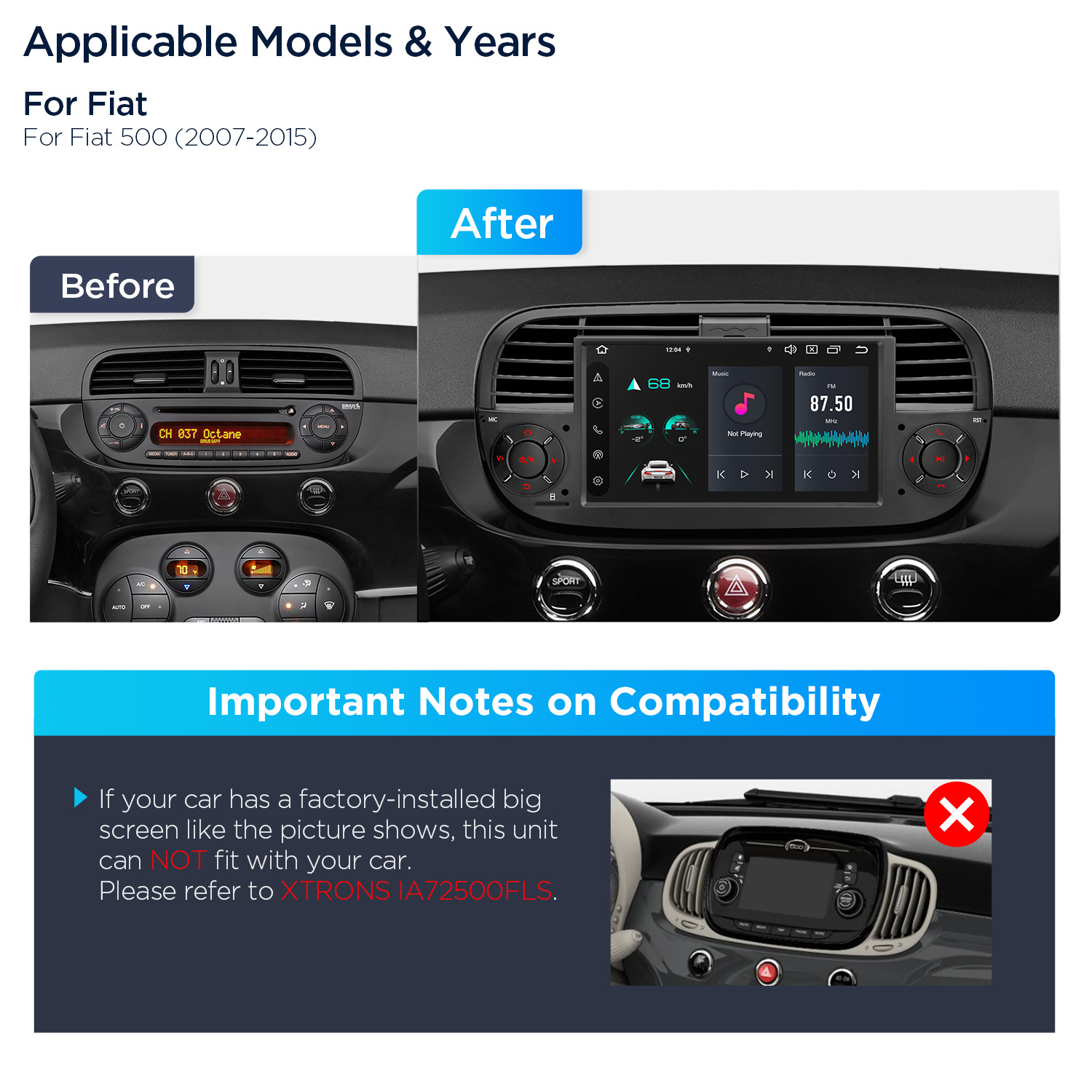 Fiat 500 7 inch Android Head Unit with Wireless CarPlay, Android Auto, 4G and AKM DSP | PX7450FBLGS, image 10 of 14